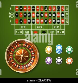 Casino Glücksspiel mit europäischen Roulette-Rad und Chips Stacks gesetzt Isolierte Vektordarstellung Stock Vektor