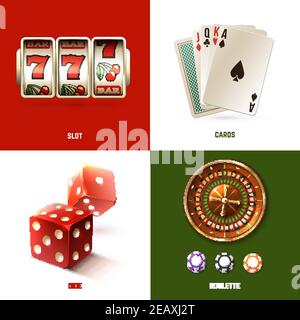 Casino Design Konzept Set mit realistischen Slot Karten Würfel und Roulette isolierte Vektor-Illustration Stock Vektor