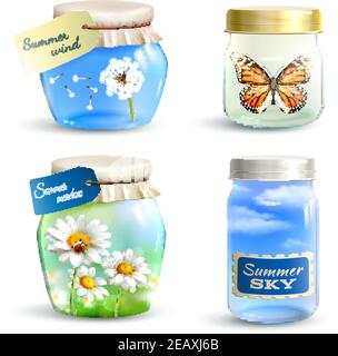 Realistisches Glas Set mit Sommerblumen Himmel und Schmetterling Innerhalb isolierter Vektordarstellung Stock Vektor