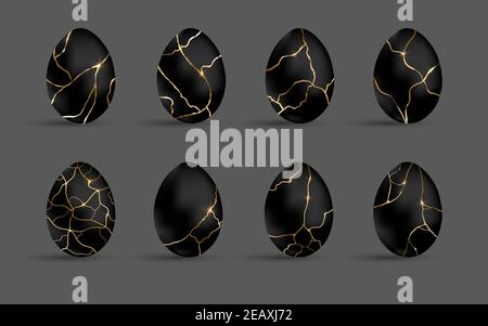 Ostern kintsugi schwarze Eier Set. Luxus-Eier mit verschiedenen Knistern Gold Ornament. Frühlingsurlaub. Realistische Vektordarstellung. Für Grußkarten Stock Vektor