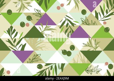 Exotisch trendige Olive nahtloses Muster, illustrierte grüne Vektor Zweige mit Blättern in Dreiecken. Vorlage für den Hintergrunddruck Stock Vektor
