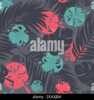 Nahtloses tropisches Muster mit Palmen und Monstera-Blättern, natürliche bunte Muster auf dunklem Hintergrund, Blätter sind über den Hintergrund verstreut Stock Vektor