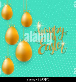 Frohe Ostern Grußkarte. Goldene Eier und Phrase Frohe Ostern auf grünem Hintergrund. Vektorgrafik Stock Vektor