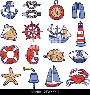 Nautische Skizze dekoratives Icon Set mit Ankerseil Kompass Fernglas Isolierte Vektordarstellung Stock Vektor