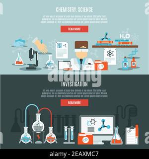 Horizontales Chemie-Bannerset mit flachen Elementen für Wissenschaft und Forschung Isolierte Vektordarstellung Stock Vektor