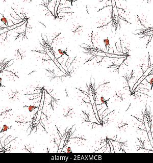 Nahtloses Muster mit Ästen, mit Beeren und Gimpel, sich wiederholender Hintergrund mit Vögeln zum Drucken, zartes weihnachtsmuster Stock Vektor