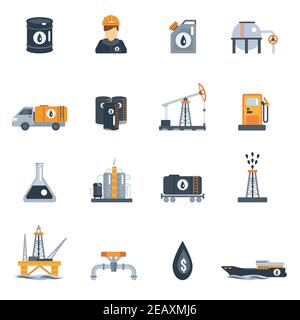 Ölindustrie Petroleum Produkt Verarbeitung flach Icon set isoliert Vektor Abbildung Stock Vektor