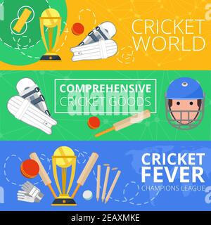 Champions League Cricket Welt Waren Symbole flache Banner mit gesetzt club Field Equipment abstrakte isolierte Vektor-Illustration Stock Vektor