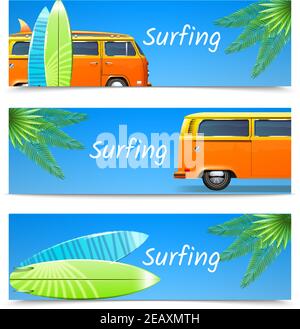 Surfbanner waagerecht mit Retro Bus Boards und Handfläche Hinterlässt eine isolierte Vektordarstellung Stock Vektor