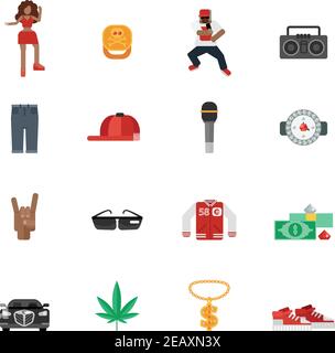 Rap und Hip-Hop Straßenmusik flache Symbole setzen isolierte Vektor Abbildung Stock Vektor