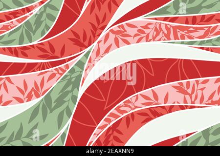 Nahtloses Muster mit Wellen und Blättern, Äste mit Blättern auf dem Hintergrund, rot-grünes Wellenmuster Stock Vektor