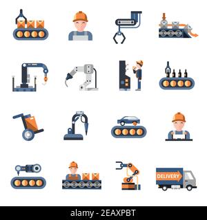 Produktionslinie industrielle Fabrik Fertigung Prozess Symbole setzen isolierte Vektor Abbildung Stock Vektor