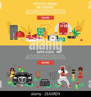 Rap Musik horizontale Banner-Set mit Rapper Lifestyle-Accessoires isoliert vektorgrafik Stock Vektor