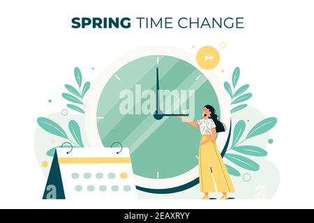 Handgezeichnete Frühling Zeitwechsel Illustration mit Frau und Uhr Vektor Illustration. Stock Vektor