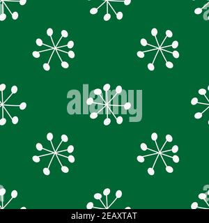 Cute Weihnachten nahtlose Muster mit Hand gezeichneten Schneeflocken in Doodle-Stil auf grünem Hintergrund. Stock Vektor