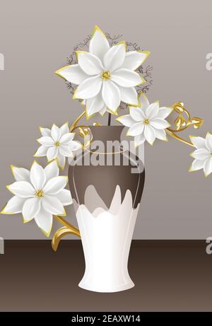 3D Wandtapete weiß und schwarz illustrartion Vasen mit Blumen Blumenstrauß Rose auf schwarz grauem Hintergrund . Geeignet für die Verwendung Blumen auf einem Wandrahmen Stockfoto