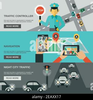 Verkehr horizontale Banner mit Navigation und Nacht city flat Elemente isoliert Vector Illustration Stock Vektor