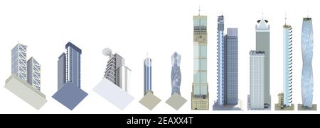 Set von High-detaillierte High-Tech-Häuser mit fiktionalem Design und wolkigen Himmel Reflexion - isoliert, Blick von unten 3D Illustration der Architektur Stockfoto