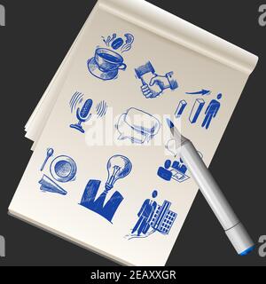Realistisches Skizzenbuch aus Papier mit Business-Kritzeln und Marker-Vektor-Illustration Stock Vektor