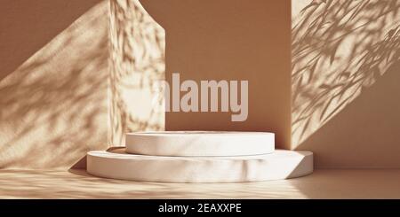 Abstrakte Minimalszene mit weißem Podium aus Stein und Blattschatten. Minimal Premium weißen Marmor Podium Mockup 3D Rendering. Stockfoto