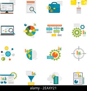 Datenanalyse Computer Datenbank Struktur Informationen Analyse flache Symbole gesetzt Isolierte Vektordarstellung Stock Vektor