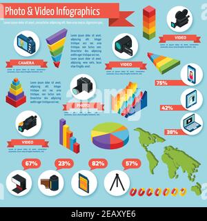 Foto- und Video-Infografiken Set mit Fotoausrüstung und isometrisch Diagramme Vektordarstellung Stock Vektor