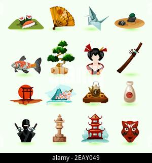 Japan Icons Set mit Sushi Pagode Origami Fan isoliert Vektor Abbildung Stock Vektor