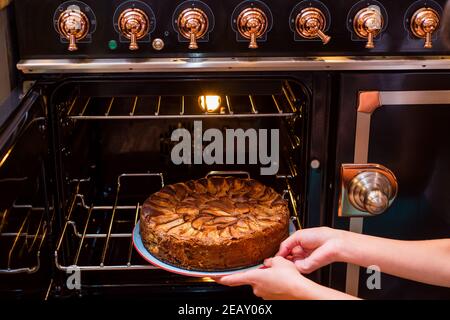 Die Hände nehmen hausgemachten Apfelkuchen aus dem Ofen. Apfelkuchen backen im Ofen. Traditionelle französische Apfelkuchen im Ofen. Stockfoto