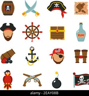Pirate Zubehör Symbole flach Icons Sammlung mit hölzernen Schatzkiste und fröhliche roger Flagge abstrakte Vektor-Illustration Stock Vektor