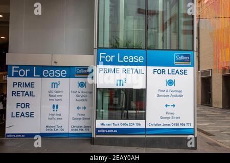 Einzelhandelsgeschäft im Stadtzentrum von Sydney leer und zur Miete verfügbar, vermarktet von Colliers, Sydney, Australien Stockfoto