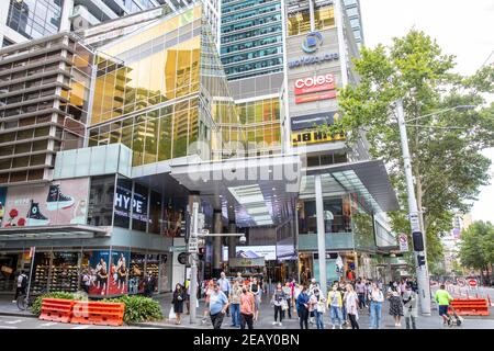 World Square im Stadtzentrum von Sydney mit Geschäften und Geschäften Zusammen mit Büros, Sydney George Street, NSW, Australien Stockfoto