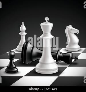 Schachspiel-Konzept mit realistischem Brett und schwarz-weiß Vektordarstellung „Stücke“ Stock Vektor