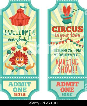 Zirkusvorstellung Werbekarten mit Clown und Zelt Isolierte Vektordarstellung Stock Vektor