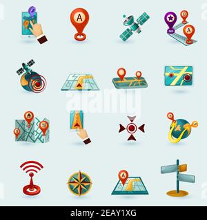 Navigation Cartoon-Symbole mit mobilen Gadgets Satelliten-Straßenkarte gesetzt Isolierte Vektordarstellung Stock Vektor