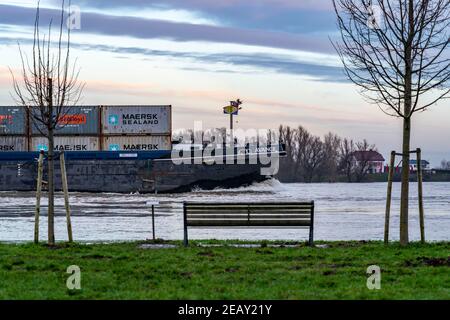 Hochwasser am Rhein, überflutetes Rheinufer, alte Fähranlegestelle, Rheinwiesen, bei Xanten, Bislicher Insel, Niederrhein, NRW, Deutschland, Stockfoto