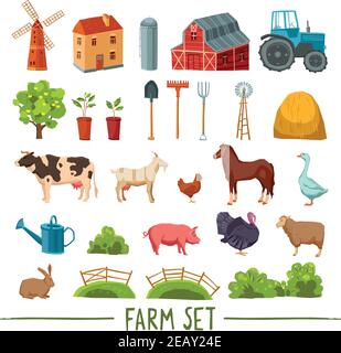 Farm bunte Ikone mit Haus Scheune Traktor Baum Heuhaufen gesetzt Rinder Geflügel Garten Werkzeuge isoliert Vektor-Illustration Stock Vektor