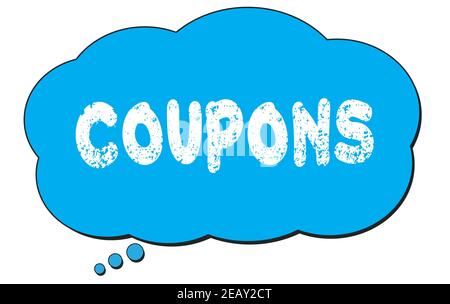 COUPONS Text auf einer blauen Gedanken Wolke Blase geschrieben. Stockfoto