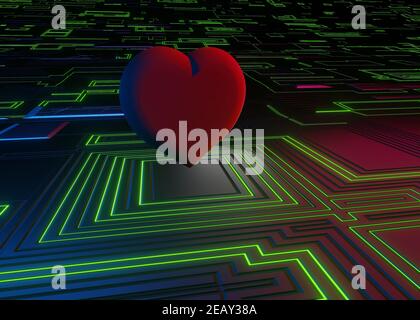 3D rotes Herz in Fantasy gebogene Motherboard wie, virtuelle Spielwelt, 3D Rendering Stockfoto