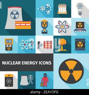 Kernenergie Beitrag in der globalen Stromversorgung flache Symbole gesetzt Mit Radioaktivitätszeichen abstrakt isoliert Vektor Illustration Stock Vektor