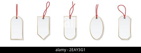 Modelsatz für Preis- oder Etiketten-Tags. Leere Karten mit roten Schnüren für Geschenke oder Verkäufe mit verschiedenen Formen: Ellipse, Rechteck. Leere Aufkleber mit Stock Vektor