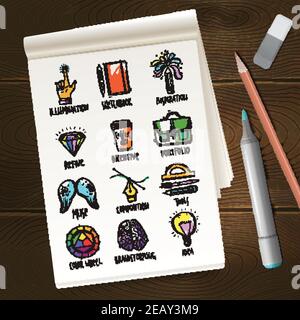 Notizbuch mit kreativen Prozessskizzen Ikonen und Bleistift auf Tisch vektorgrafik Stock Vektor