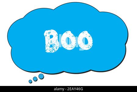 BOO-Text auf einer blauen Gedankenwolke geschrieben. Stockfoto