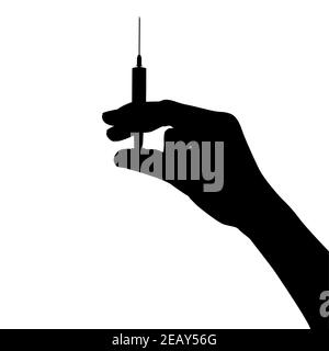 Schwarze Hand Silhouette hält eine Spritze mit einem Impfstoff. Impfkonzept. Vektorgrafik Stock Vektor