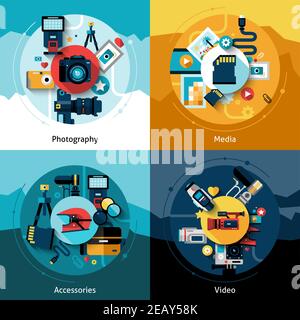Kamera-Design-Set mit Foto-Medien-Zubehör und Video flach Symbole isolierte Vektordarstellung Stock Vektor