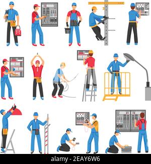 Elektrische Menschen dekorative Symbole mit Elektrikern, die elektrische Arbeiten Flache Vektorgrafik für Innen- und Außenbereiche Stock Vektor