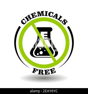 Chemikalien frei Vektor-Stempel für Produktverpackung Symbol. Runde verbotene Schild mit chemisches Flakon Symbol isoliert auf weiß Stock Vektor
