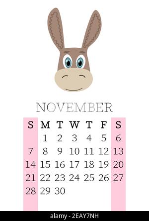 Kalender 2021. Monatskalender für November 2021 von Sonntag bis Samstag. Jahresplaner. Vorlagen mit niedlichen handgezeichneten Gesicht Tiere. Vektor Stock Vektor