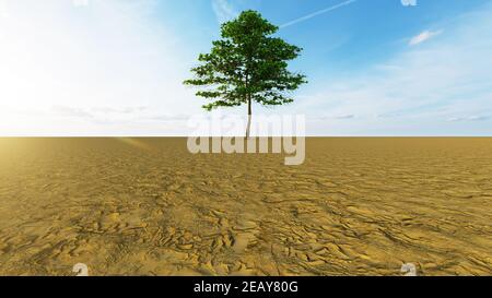 Konzept oder konzeptuelle Wüstenlandschaft mit einem grünen Baum als Metapher für globale Erwärmung und Klimawandel. Stockfoto