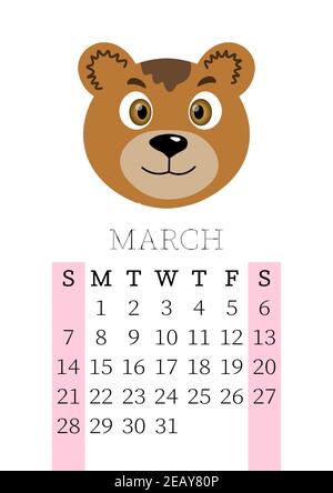 Kalender 2021. Monatskalender für März 2021 von Sonntag bis Samstag. Jahresplaner. Vorlagen mit niedlichen handgezeichneten Gesicht Tiere. Vektor Stock Vektor