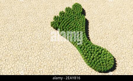 Konzept oder konzeptionelle Gruppe von grünen Wald Baum auf trockenem Boden Hintergrund, Zeichen eines barfuß. Eine illustration von 3D Metapher für Natur, Gesundheit Stockfoto